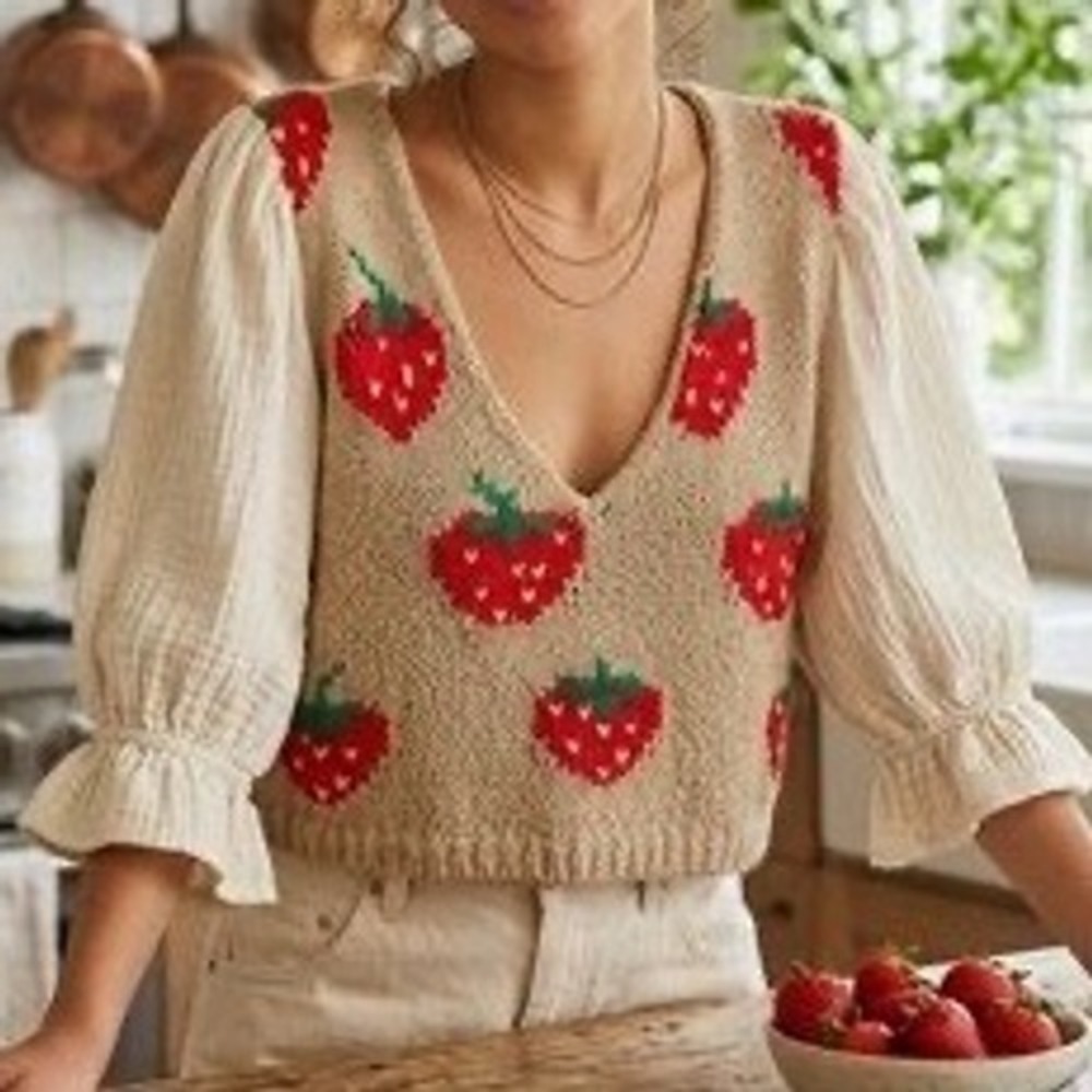 Free People Strawberry Jam Mixed Media Sweater Top Size Medium Cottagecore